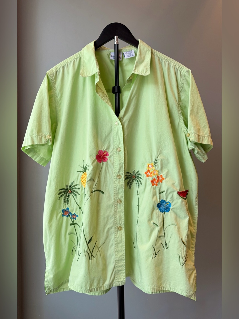 Embroidered 100% Cotton Button-Up Collared Shirt 22W/24W Tropical Vacation Beach